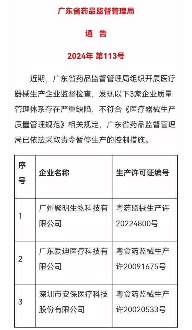 国家药监局：两家医疗器材企业质量管理体系存在严重缺陷责令暂停生产