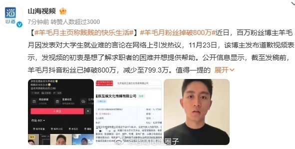 掉粉130万！网红羊毛月抖音账号被禁止关注：因嘲讽00后找不到工作塌房